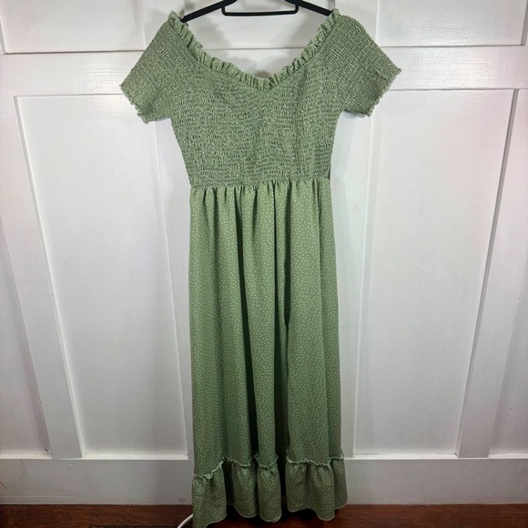 Simplee Dresses & Skirts - Simplee Sage Green Polka Dot Smocked Maxi Dress Ruffle Hem Boho Cottage Size L